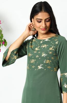 Janasya Green printed crepe kurta 5