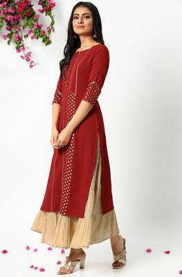 Janasya Maroon printed crepe kurta 2