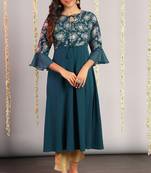 Teal printed crepe kurta