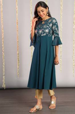 Teal printed crepe kurta 2