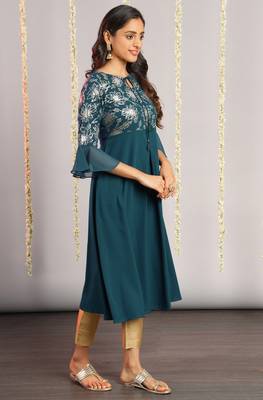 Teal printed crepe kurta 3