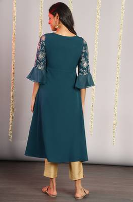 Teal printed crepe kurta 4