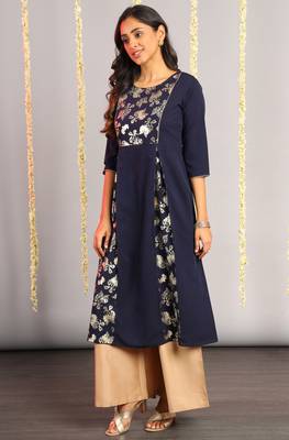 Janasya Navy blue printed crepe kurta 2