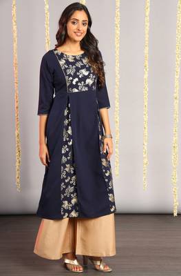 Janasya Navy blue printed crepe kurta 3