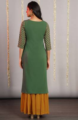 Janasya Green printed crepe kurta 4