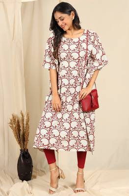 Janasya Cream printed cotton kurta 1