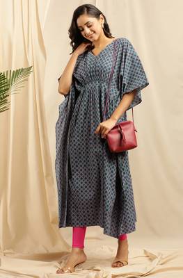 Janasya Blue printed cotton kurta 1