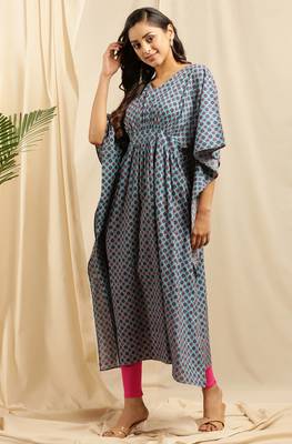 Janasya Blue printed cotton kurta 2