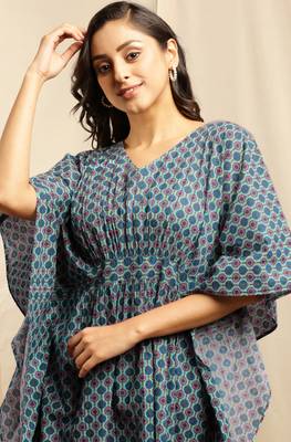 Janasya Blue printed cotton kurta 5