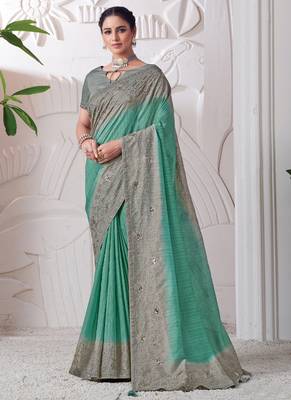Green embroidered viscose saree with blouse 1