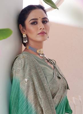 Green embroidered viscose saree with blouse 2