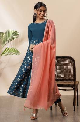 Teal floral print crepe salwar 1