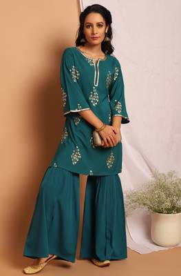 Janasya Teal floral print crepe salwar 1