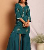 Janasya Teal floral print crepe salwar