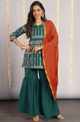Janasya Teal floral print silk salwar 1