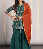 Janasya Teal floral print silk salwar