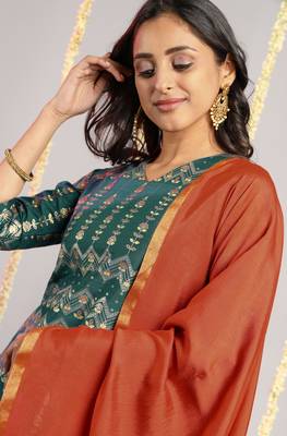 Janasya Teal floral print silk salwar 2