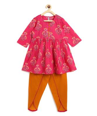 Campana Girls Sanah Dhoti Set  Bold Flower Print  Magenta & yellow 1