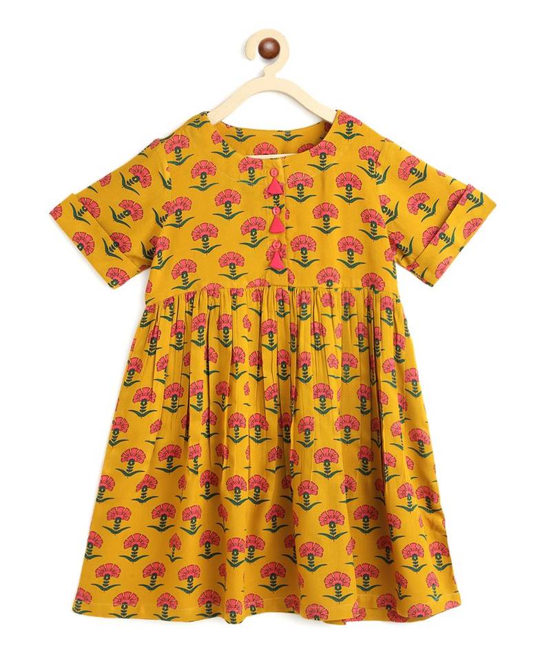 Campana Girls Zoe Dress  Fan Flower Print  yellow and Pink