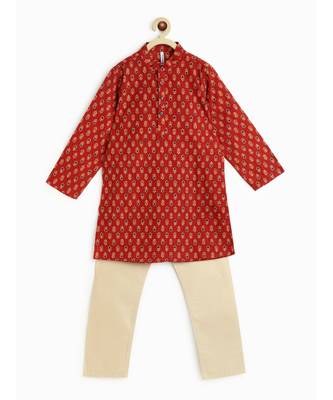 Campana Boys Palash Kurta Pyjama Set  Kantha Block Print  Maroon & Beige 1