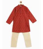 Campana Boys Palash Kurta Pyjama Set  Kantha Block Print  Maroon & Beige