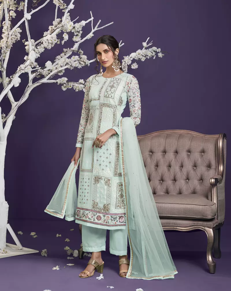 Sea-green embroidered georgette salwar