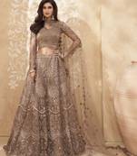 Brown embroidered net semi stitched lehenga