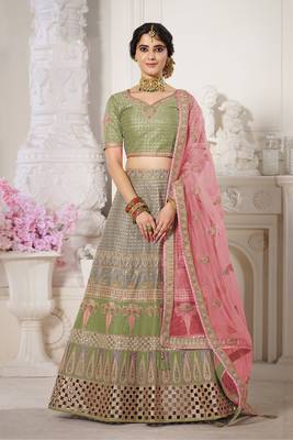 Olive embroidered silk semi stitched lehenga 1