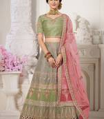 Olive embroidered silk semi stitched lehenga