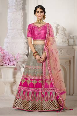 Grey embroidered silk semi stitched lehenga 1