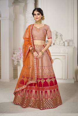 Salmon embroidered silk semi stitched lehenga 1