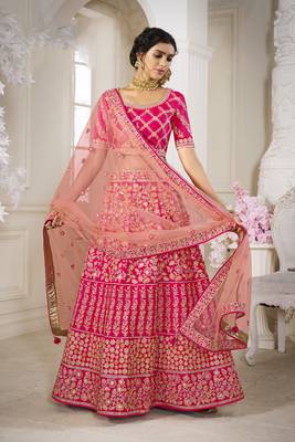 Rani-pink embroidered silk semi stitched lehenga 1