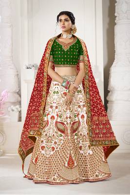 White embroidered silk semi stitched lehenga 1