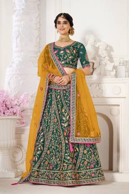 Dark-green embroidered silk semi stitched lehenga 1
