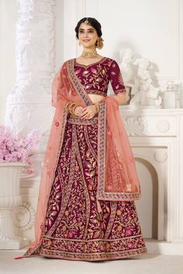 Magenta embroidered silk semi stitched lehenga 1