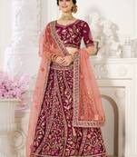 Magenta embroidered silk semi stitched lehenga