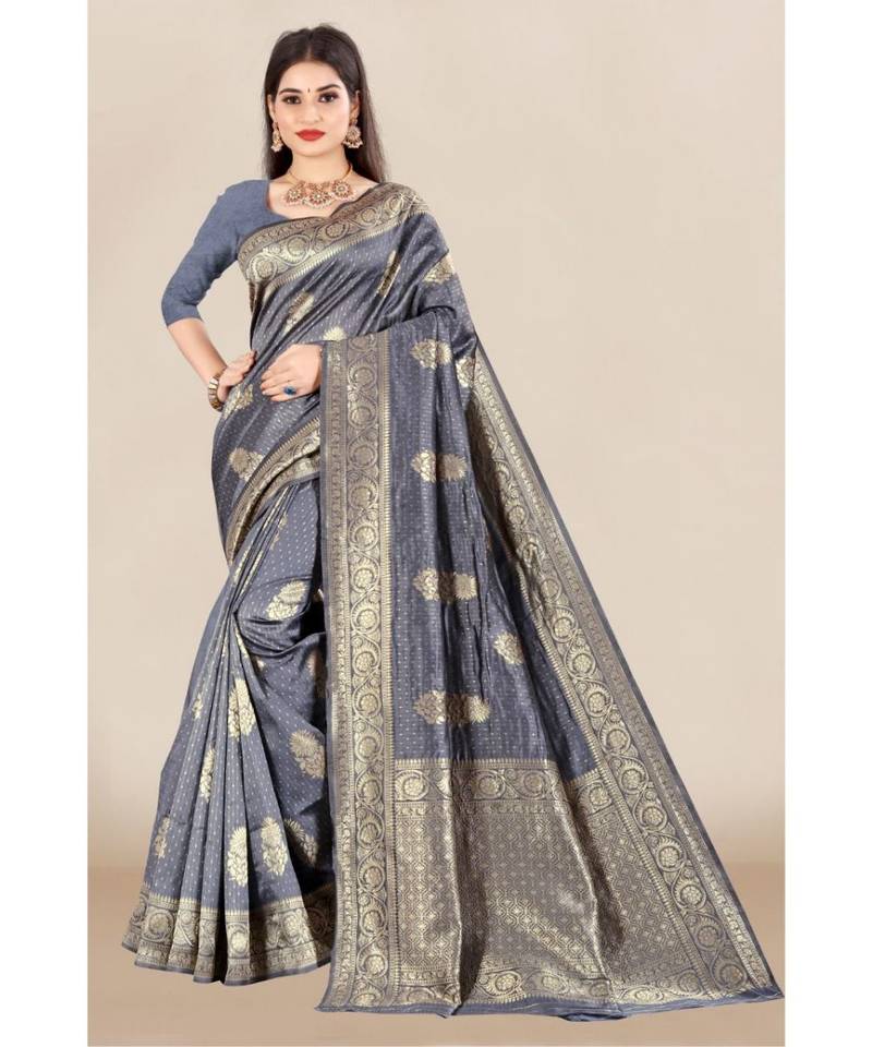 grey Banarasi Silk saree with blouse piece