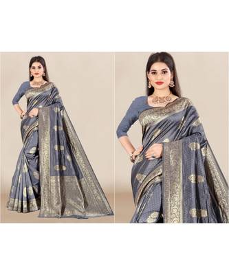 grey Banarasi Silk saree with blouse piece 3