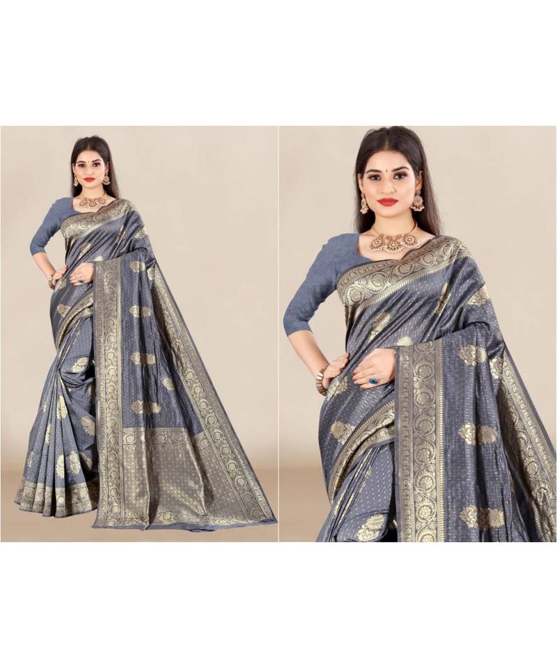 grey Banarasi Silk saree with blouse piece
