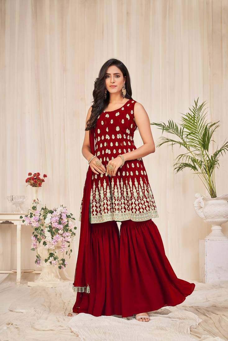 Maroon Colour embroidered Semi-Stitched Georgette  Sharara Suit 