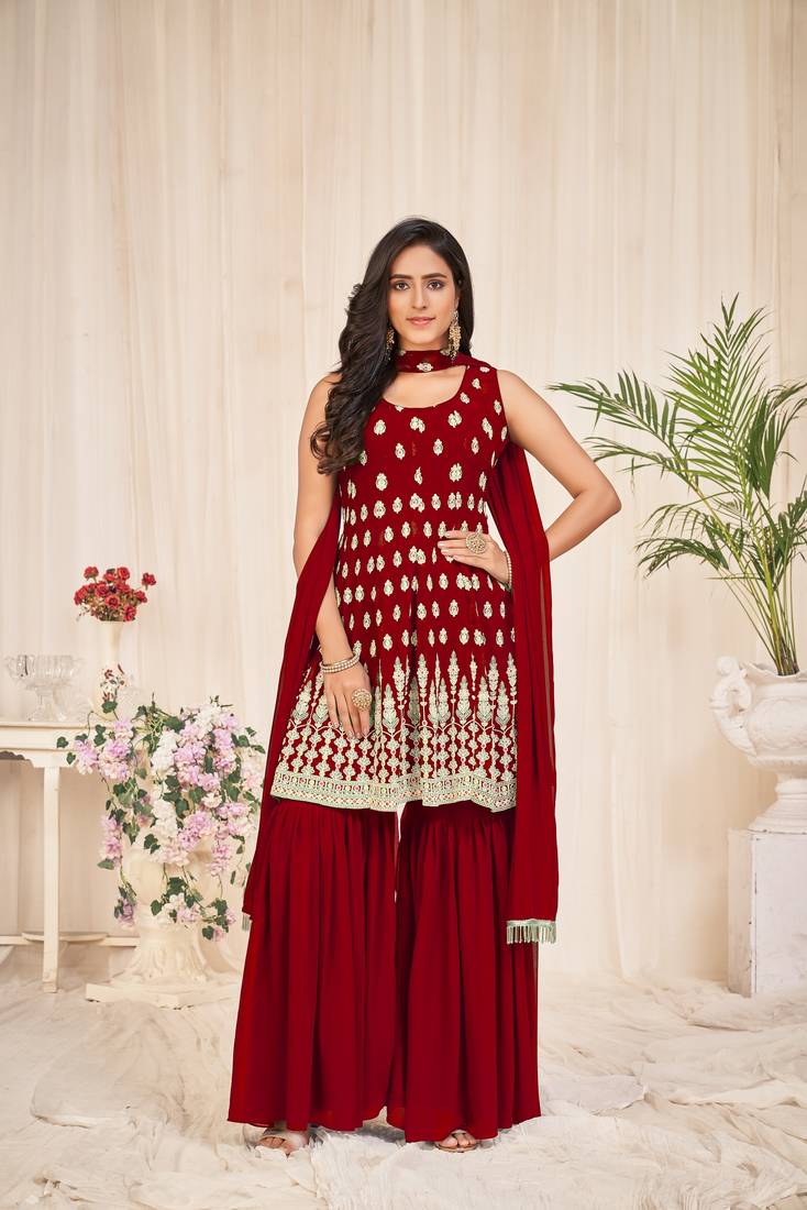 Maroon Colour embroidered Semi-Stitched Georgette  Sharara Suit 