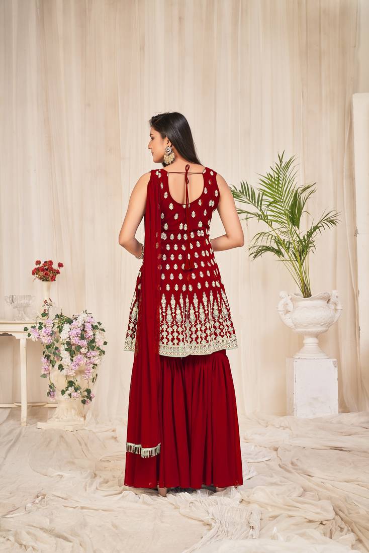Maroon Colour embroidered Semi-Stitched Georgette  Sharara Suit 