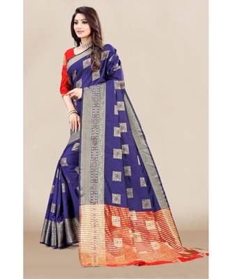 navy blue Soft Maithili Silk saree with blouse piece 2
