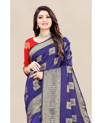 navy blue Soft Maithili Silk saree with blouse piece 4