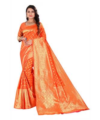orange Banarasi Silk saree with blouse piece 1