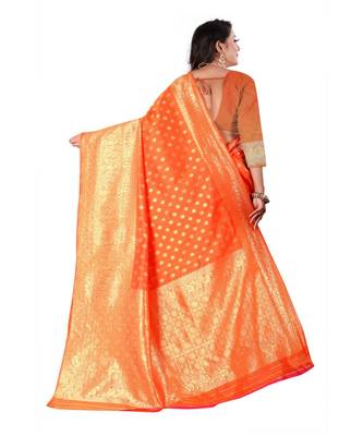orange Banarasi Silk saree with blouse piece 3