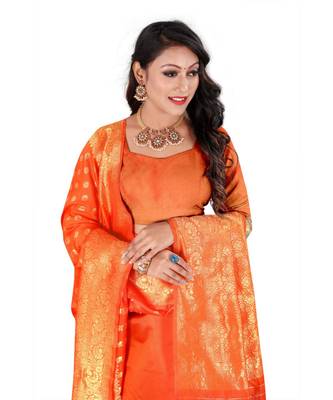 orange Banarasi Silk saree with blouse piece 4