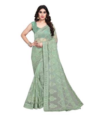 Light Green Soft Net Saree With Blouse Piece 3