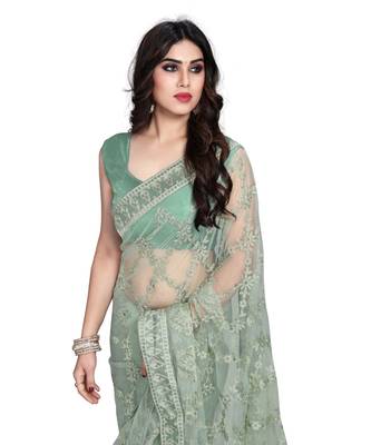 Light Green Soft Net Saree With Blouse Piece 5