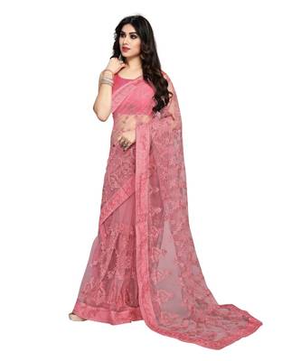 Peach Soft Net Saree With Blouse Piece 3